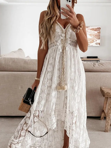 White Lace Bohemian Dress with Tassels