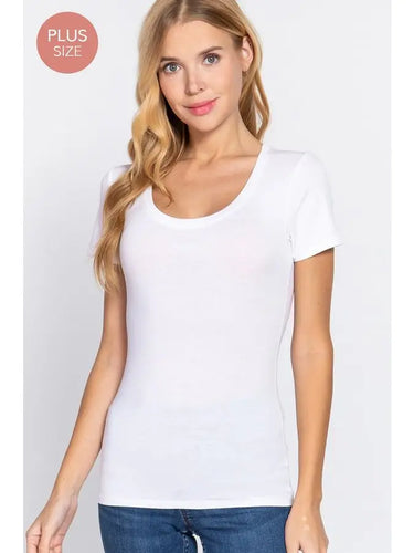 White Plus Size Short Sleeve Scoop Neck Cotton Jersey Top
