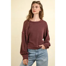 Load image into Gallery viewer, Wine Two Tone Otto Ribbed Oversized Soft Comfy Knit Top
