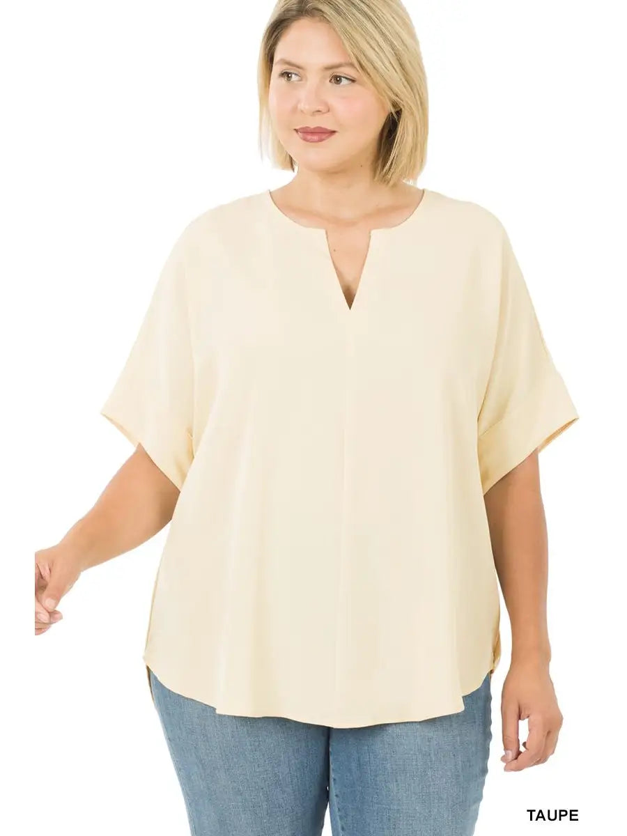 Heavy Woven Split Neck Top - Athena's Fashion Boutique