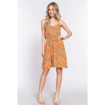 Yellow Round Neck Waist Shirring Floral Printed Woven Dress