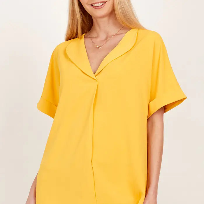 Yellow Women's Solid Collared Short Sleeve Loose Boxy Top