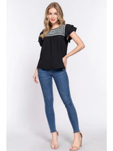 Load image into Gallery viewer, Black Short Ruffle Sleeve with Embroidered Yoke Top
