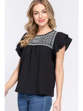 Load image into Gallery viewer, Black Short Ruffle Sleeve with Embroidered Yoke Top
