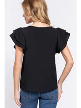 Load image into Gallery viewer, Black Short Ruffle Sleeve with Embroidered Yoke Top
