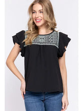 Load image into Gallery viewer, Black Short Ruffle Sleeve with Embroidered Yoke Top
