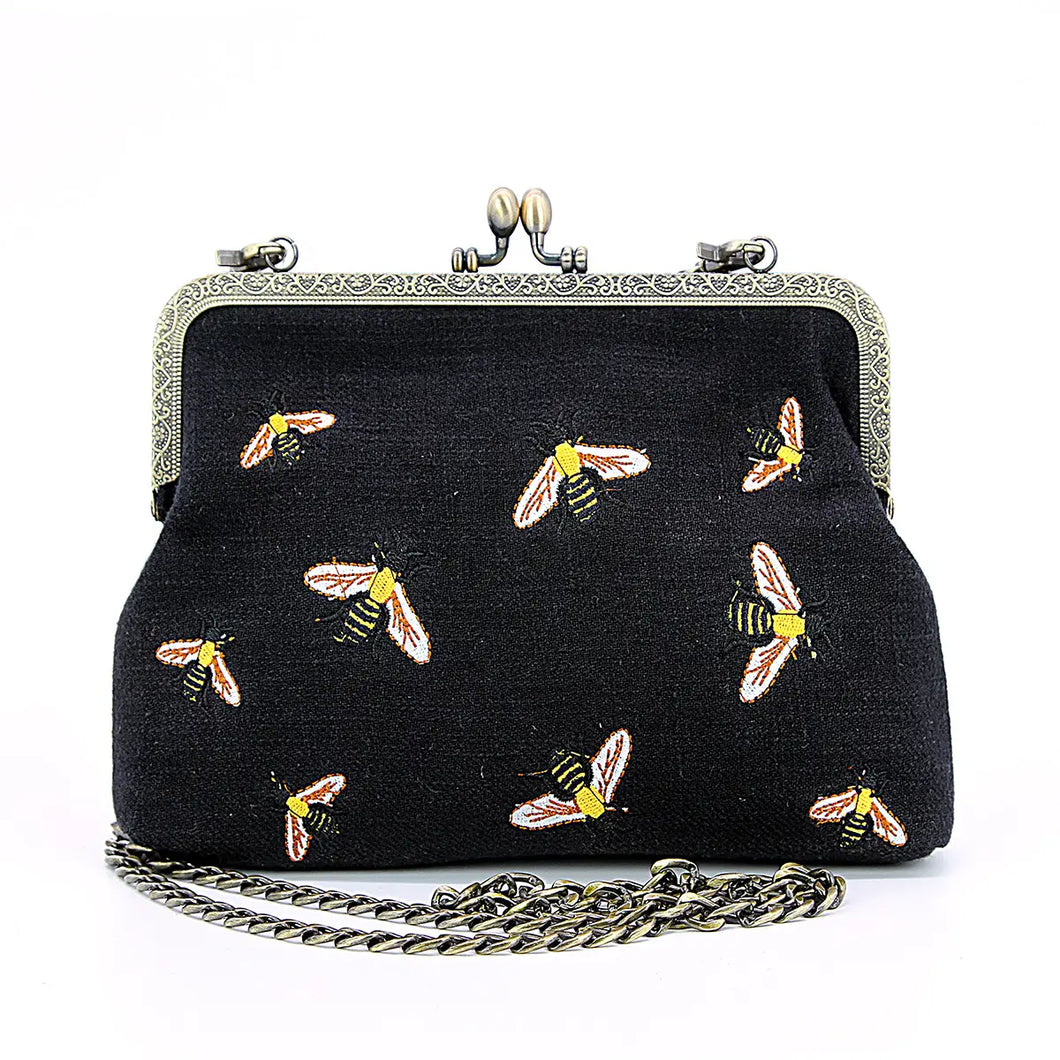 Bees Black Kisslock Crossbody Bag - Athena's Fashion Boutique