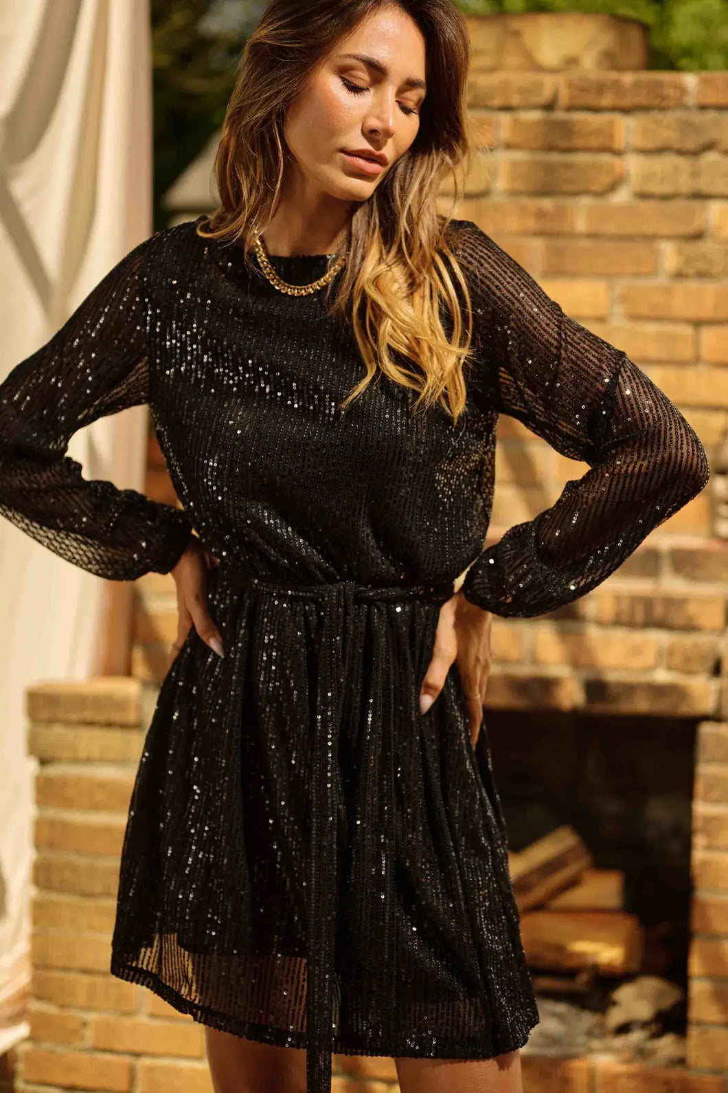 Sequins Long Sleeve Waist Belt Black Dress - Athena's Fashion Boutique