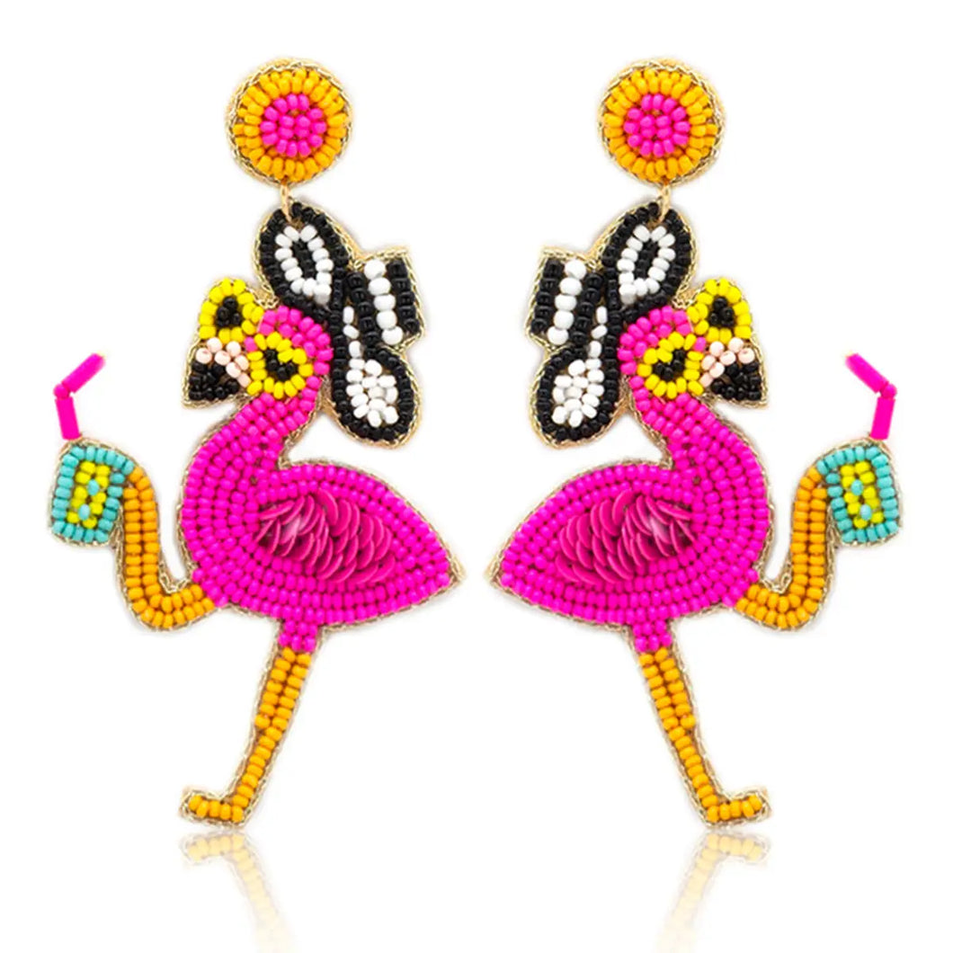 women's handmade beaded flamingo dangle earrings